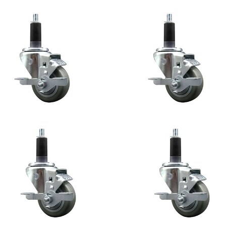 Service Caster 3'' SS Gray Poly Swivel 1-1/8'' Expanding Stem Caster Set with Brake, 4PK SCC-SSEX20S314-PPUB-TLB-118-4